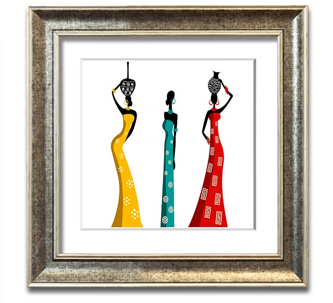 A beautifully framed square print depicting African women, showcasing vibrant colors and intricate details, ready to hang.