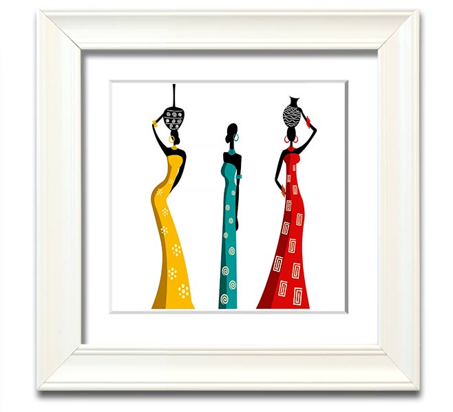 A beautifully framed square print depicting African women, showcasing vibrant colors and intricate details, ready to hang.