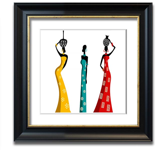 A beautifully framed square print depicting African women, showcasing vibrant colors and intricate details, ready to hang.