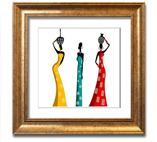 A beautifully framed square print depicting African women, showcasing vibrant colors and intricate details, ready to hang.