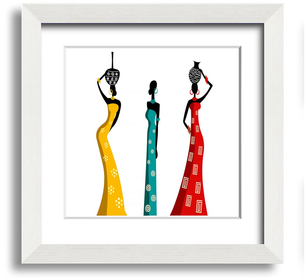 A beautifully framed square print depicting African women, showcasing vibrant colors and intricate details, ready to hang.