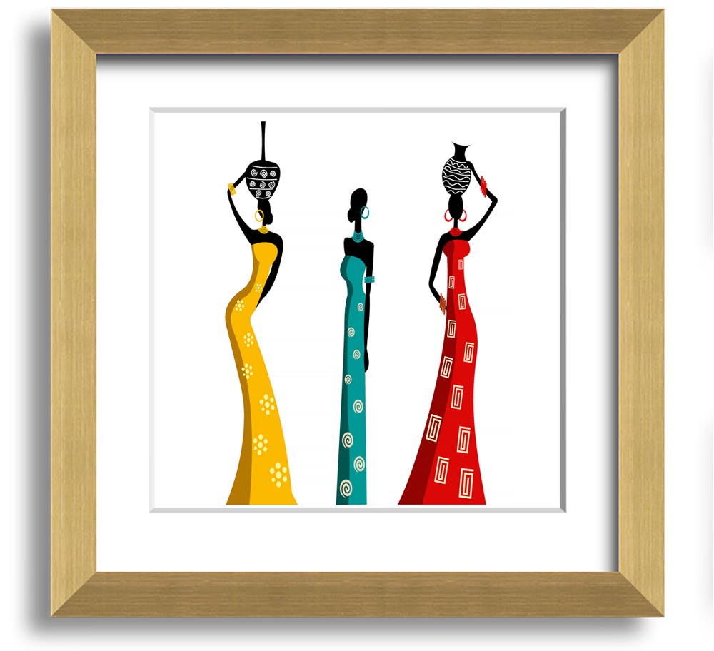 A beautifully framed square print depicting African women, showcasing vibrant colors and intricate details, ready to hang.