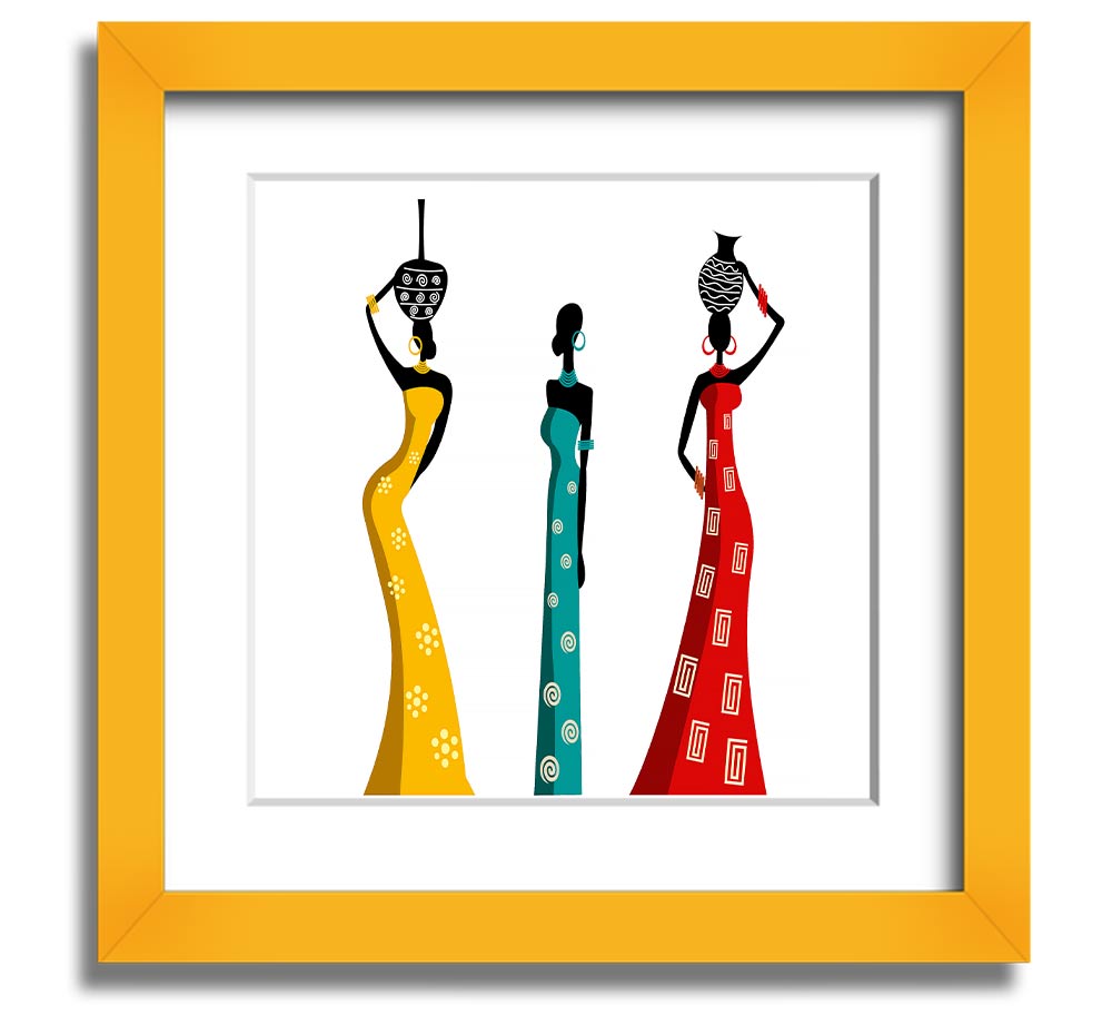 A beautifully framed square print depicting African women, showcasing vibrant colors and intricate details, ready to hang.