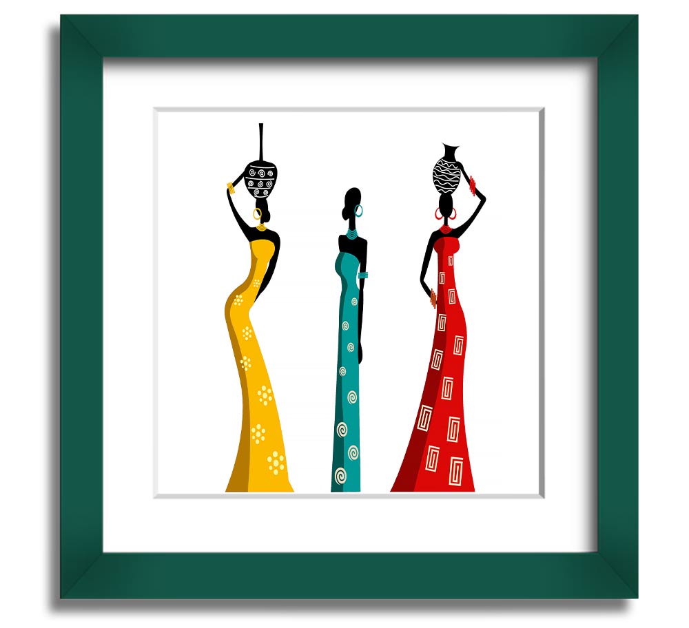 A beautifully framed square print depicting African women, showcasing vibrant colors and intricate details, ready to hang.