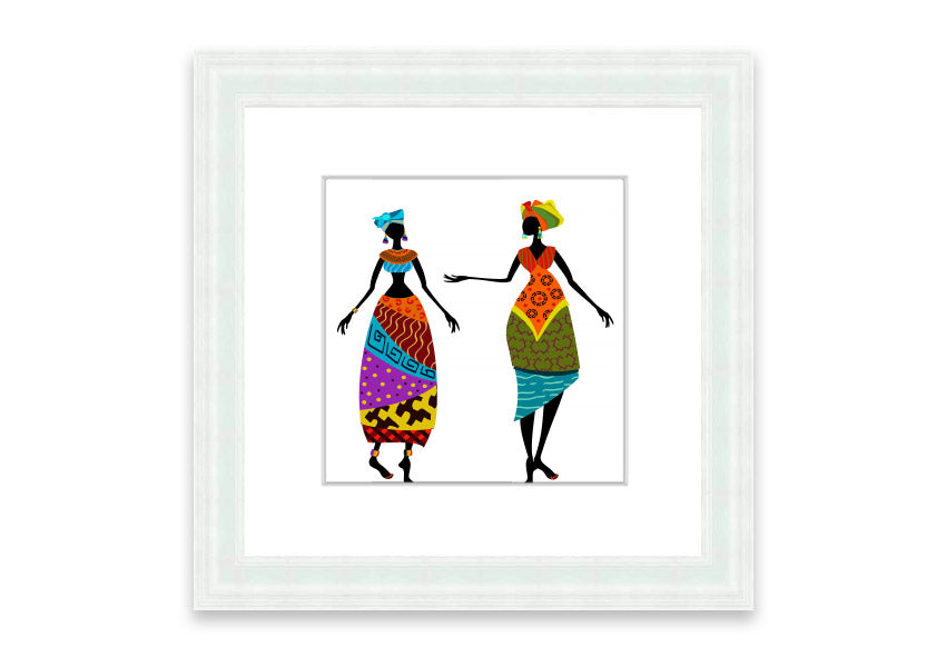 Framed print of African Women 2 artwork, showcasing vibrant colors and intricate details, ready to hang.