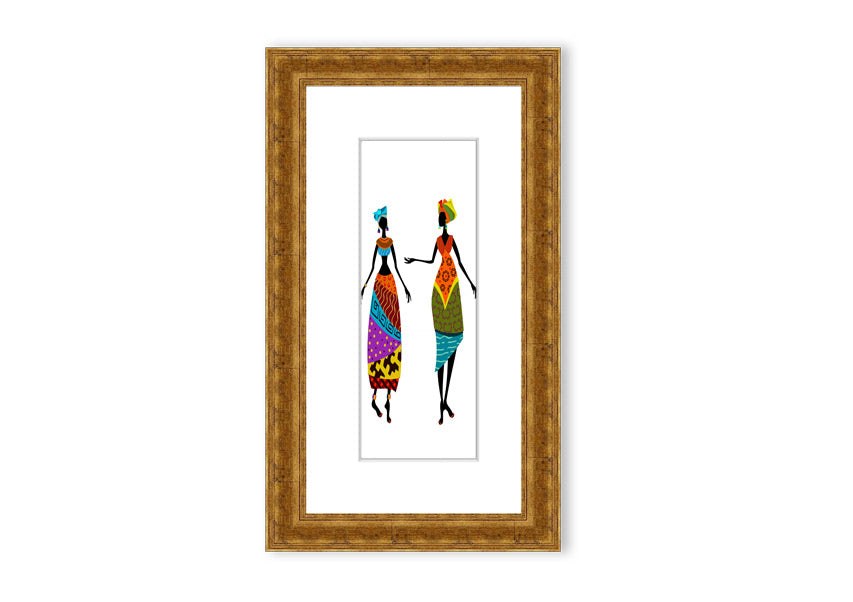 Framed print of African Women 2 artwork, showcasing vibrant colors and intricate details, ready to hang.