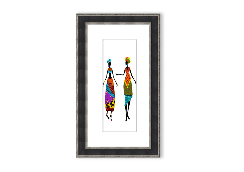 Framed print of African Women 2 artwork, showcasing vibrant colors and intricate details, ready to hang.