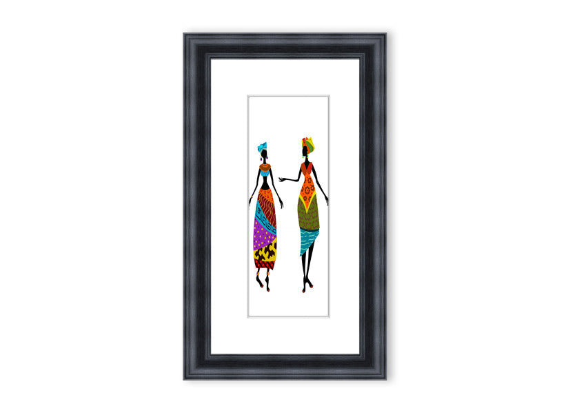 Framed print of African Women 2 artwork, showcasing vibrant colors and intricate details, ready to hang.