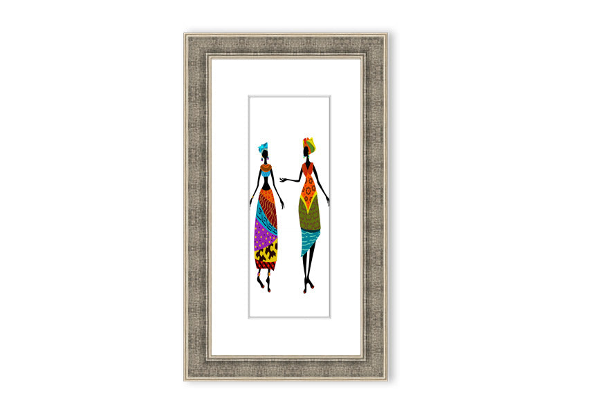 Framed print of African Women 2 artwork, showcasing vibrant colors and intricate details, ready to hang.