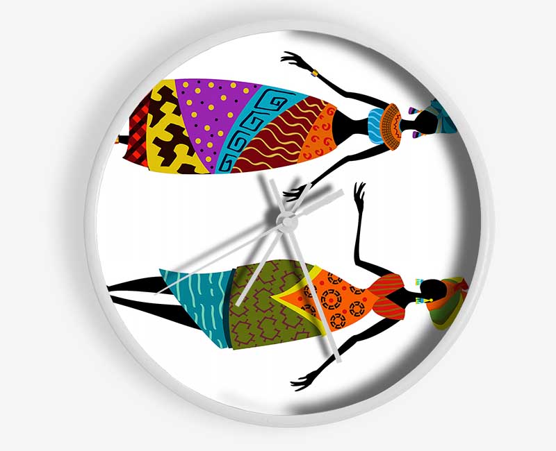 A stylish African Women clock made from natural bamboo, featuring a round face and available in black, white, or natural frame colors.