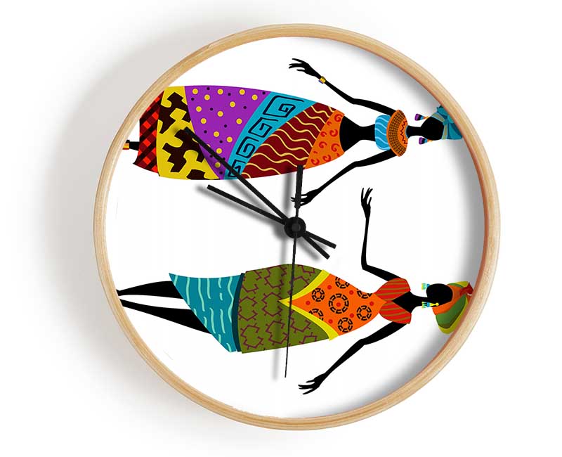 A stylish African Women clock made from natural bamboo, featuring a round face and available in black, white, or natural frame colors.