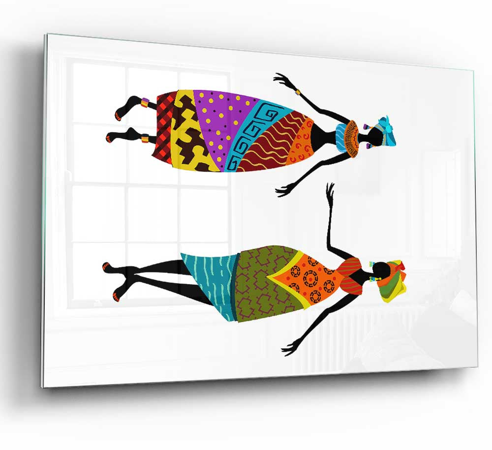 A vibrant glass print featuring African women, showcasing modern art with intricate details and colors.