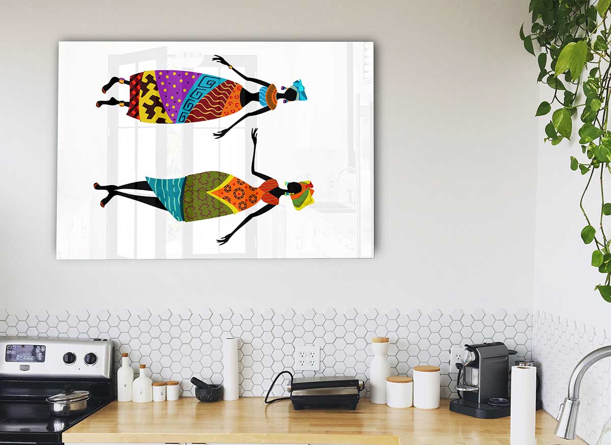 A vibrant glass print featuring African women, showcasing modern art with intricate details and colors.