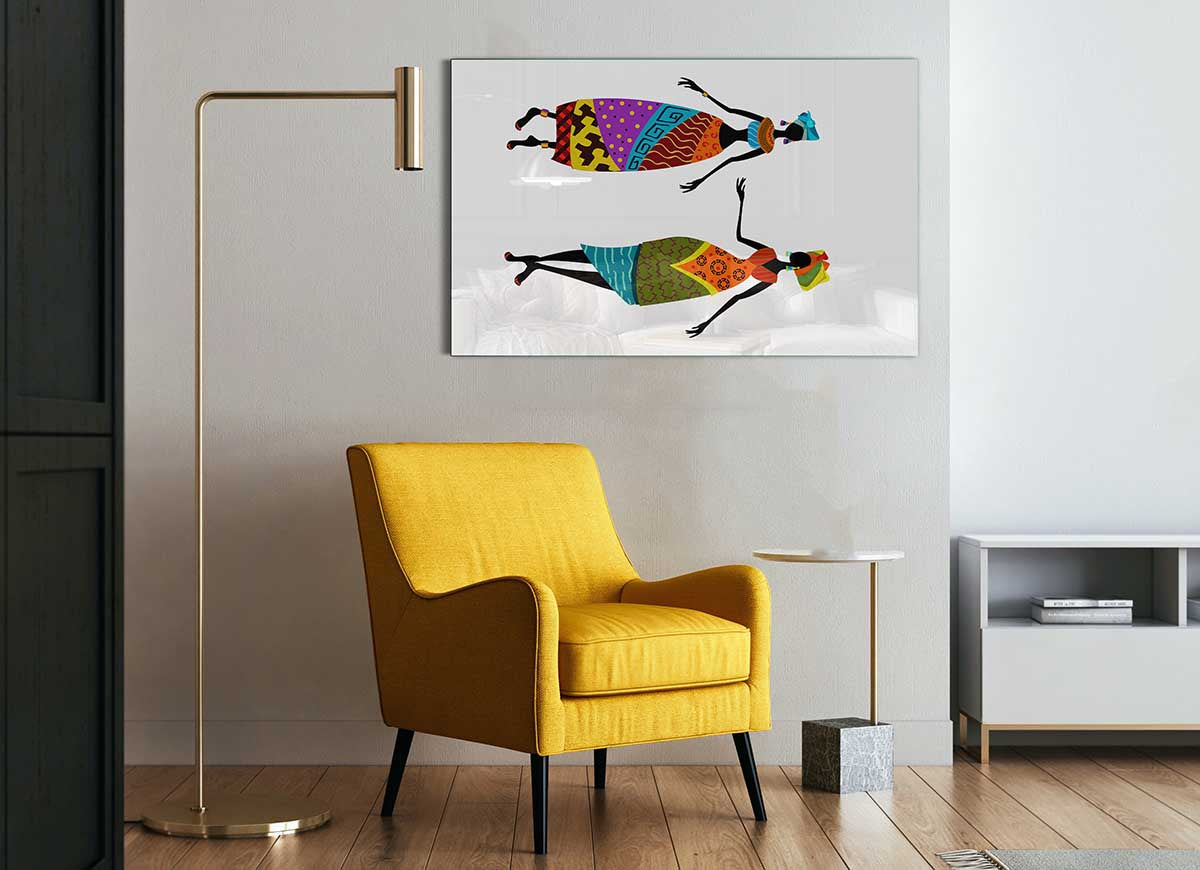 A vibrant glass print featuring African women, showcasing modern art with intricate details and colors.