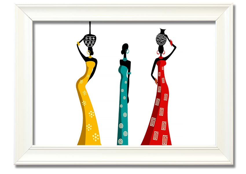 A beautifully framed print of African Women, showcasing vibrant colors and intricate details, ready to hang on the wall.