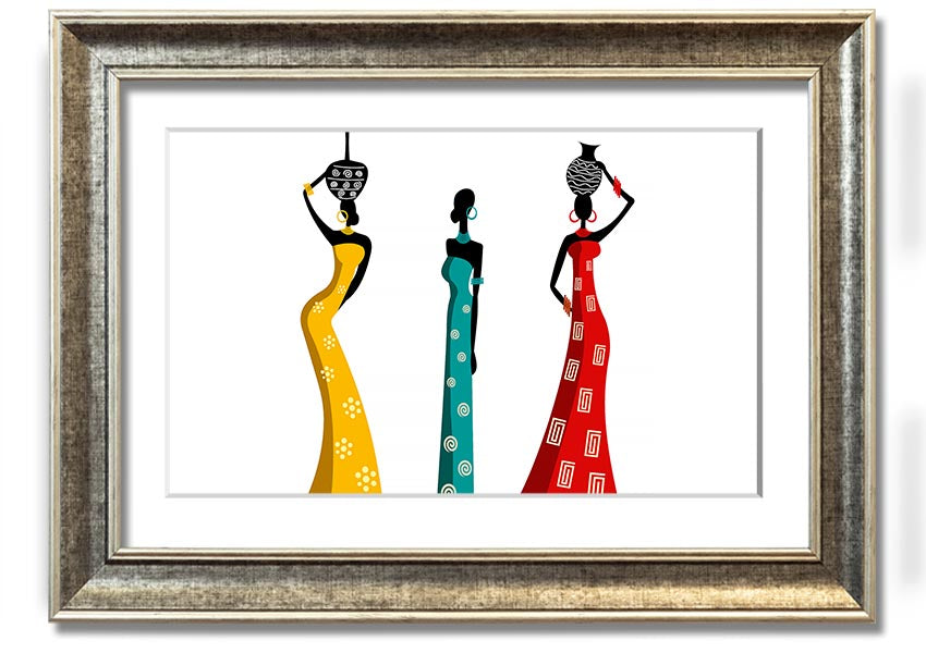 A beautifully framed print of African Women, showcasing vibrant colors and intricate details, ready to hang on the wall.