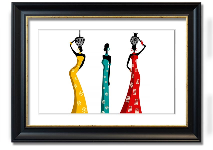 A beautifully framed print of African Women, showcasing vibrant colors and intricate details, ready to hang on the wall.