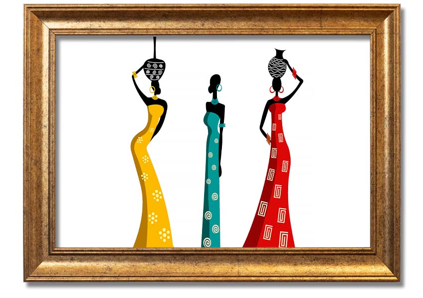 A beautifully framed print of African Women, showcasing vibrant colors and intricate details, ready to hang on the wall.