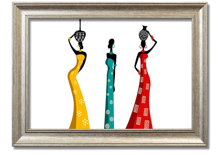 A beautifully framed print of African Women, showcasing vibrant colors and intricate details, ready to hang on the wall.