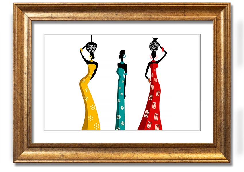 A beautifully framed print of African Women, showcasing vibrant colors and intricate details, ready to hang on the wall.