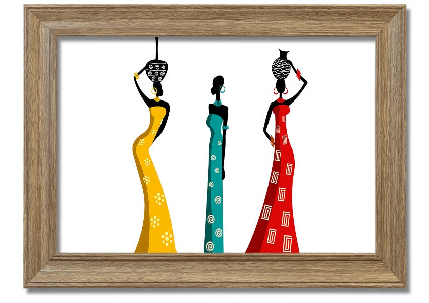 A beautifully framed print of African Women, showcasing vibrant colors and intricate details, ready to hang on the wall.