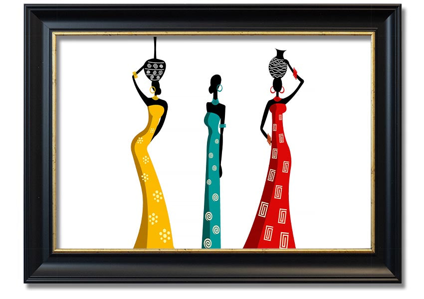 A beautifully framed print of African Women, showcasing vibrant colors and intricate details, ready to hang on the wall.