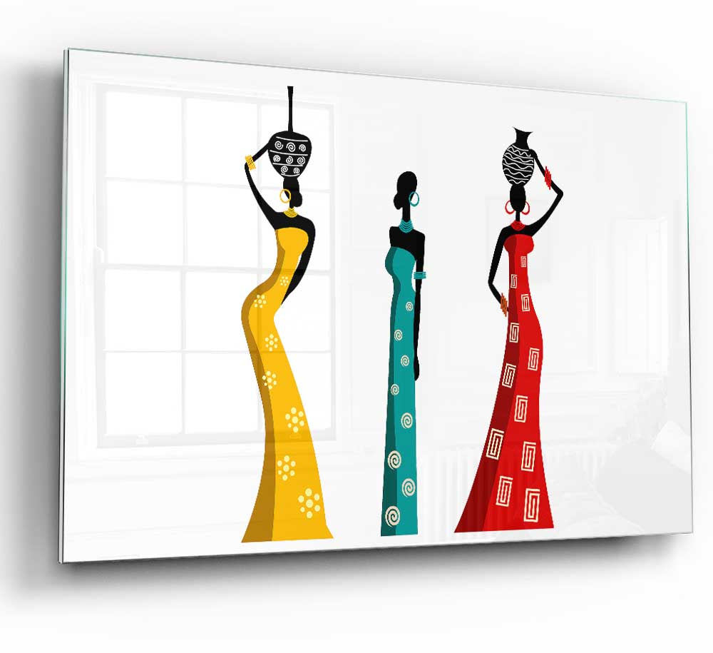 A vibrant glass print depicting African women, showcasing intricate details and colors, perfect for modern home decor.