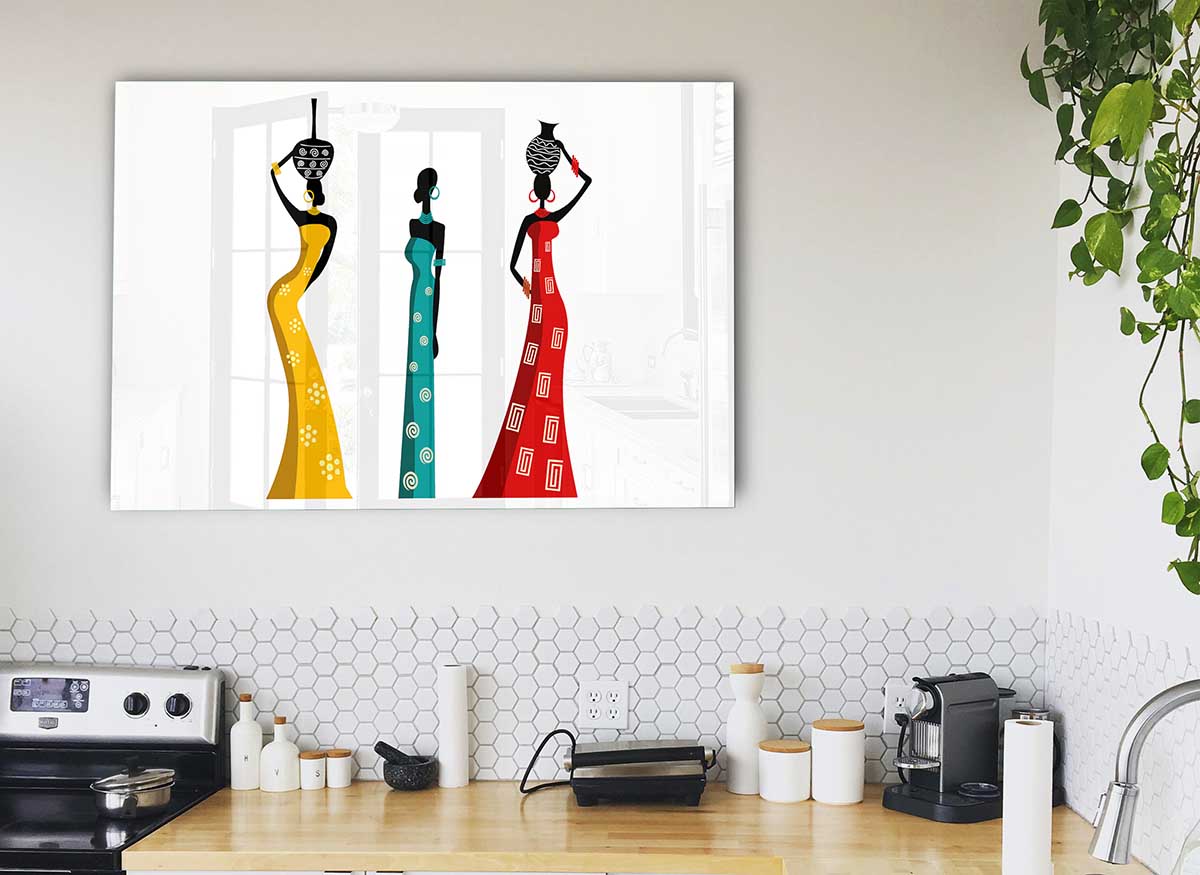 A vibrant glass print depicting African women, showcasing intricate details and colors, perfect for modern home decor.