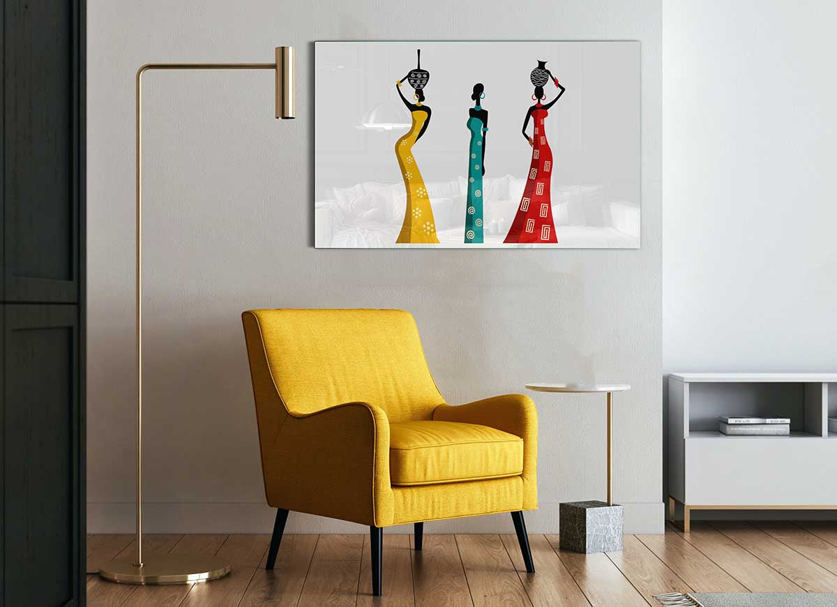 A vibrant glass print depicting African women, showcasing intricate details and colors, perfect for modern home decor.