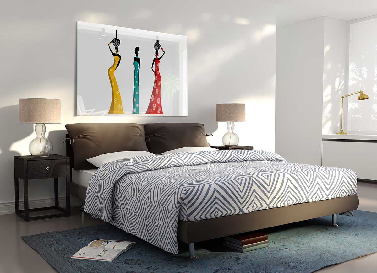 A vibrant glass print depicting African women, showcasing intricate details and colors, perfect for modern home decor.