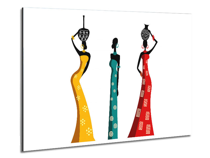 A vibrant artwork depicting African women, printed on brushed aluminium dibond, showcasing modern art style.