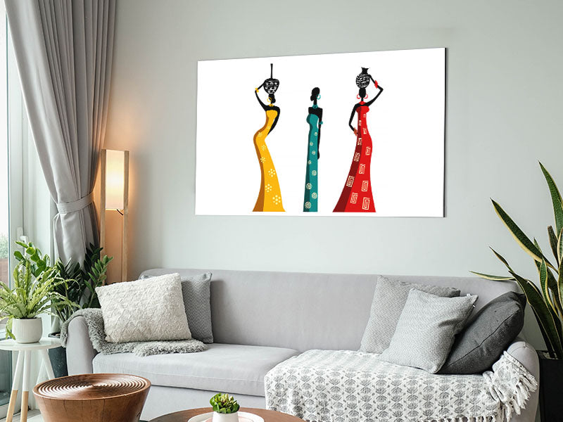 A vibrant artwork depicting African women, printed on brushed aluminium dibond, showcasing modern art style.