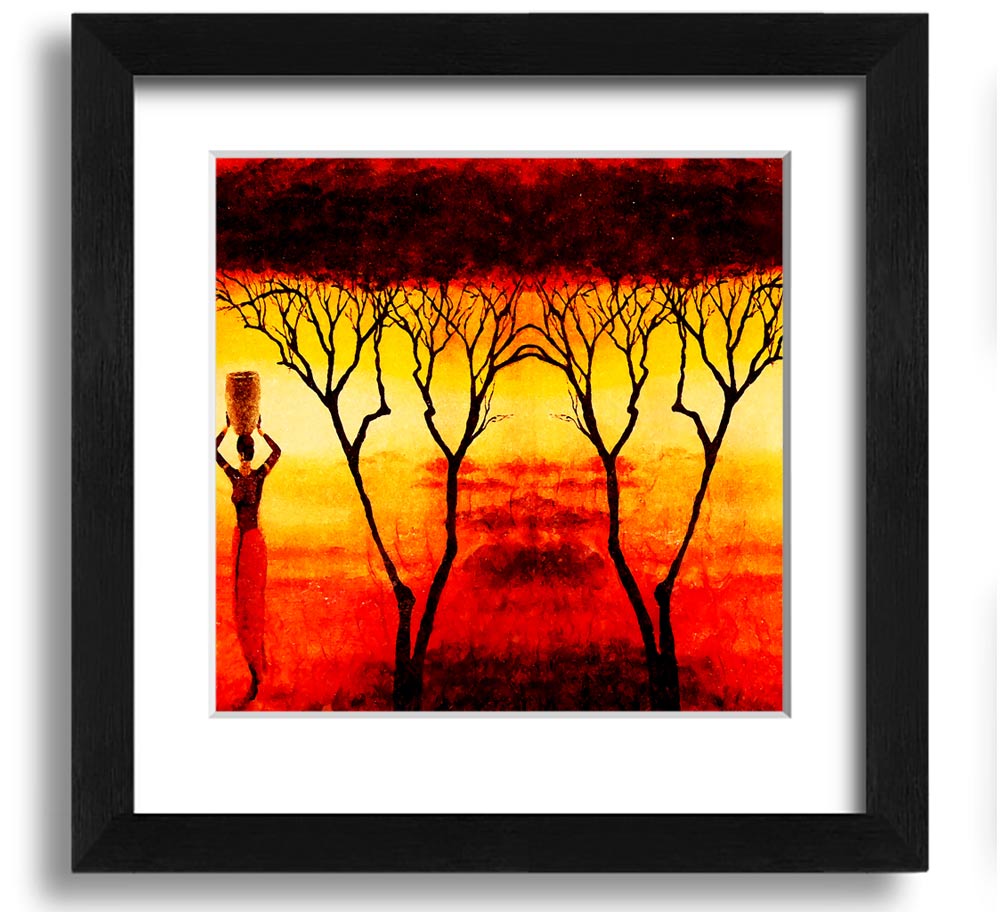 A square framed print depicting African women working in vibrant red fields, showcasing cultural strength and beauty.