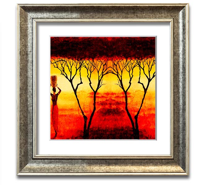 A square framed print depicting African women working in vibrant red fields, showcasing cultural strength and beauty.