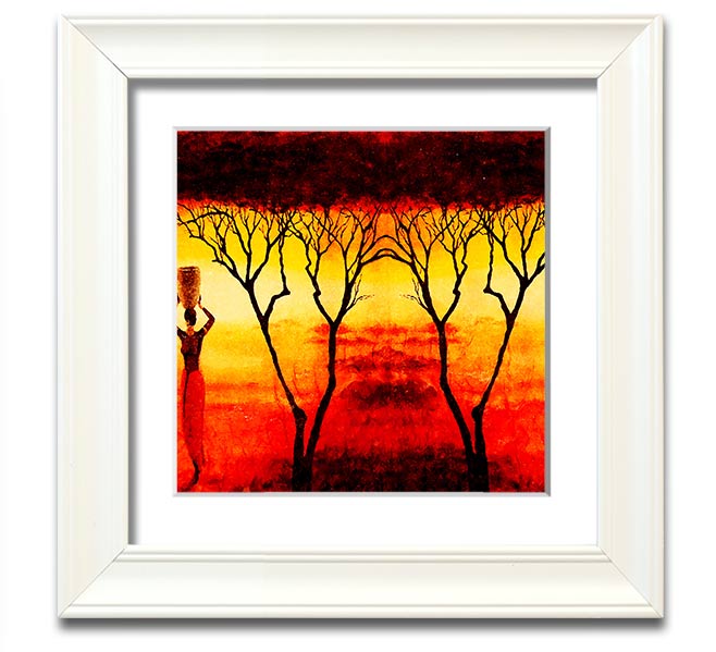 A square framed print depicting African women working in vibrant red fields, showcasing cultural strength and beauty.