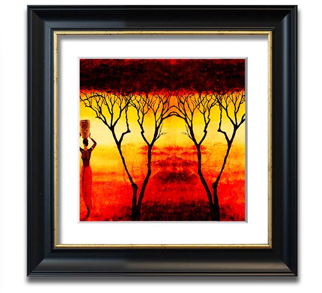 A square framed print depicting African women working in vibrant red fields, showcasing cultural strength and beauty.