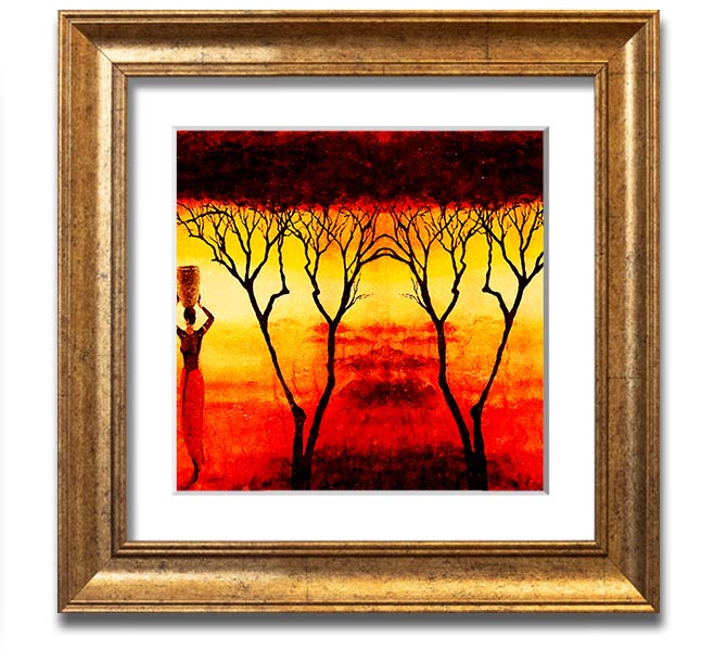 A square framed print depicting African women working in vibrant red fields, showcasing cultural strength and beauty.