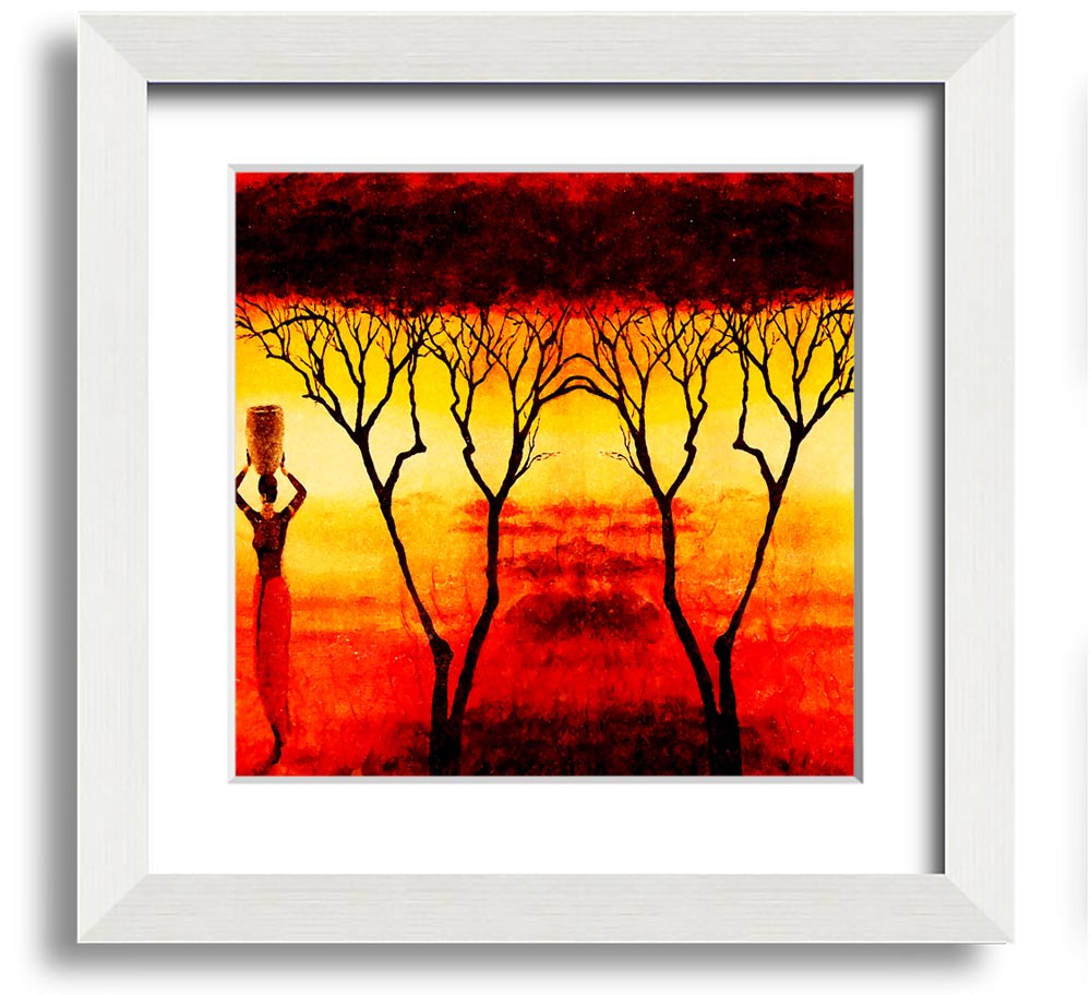 A square framed print depicting African women working in vibrant red fields, showcasing cultural strength and beauty.