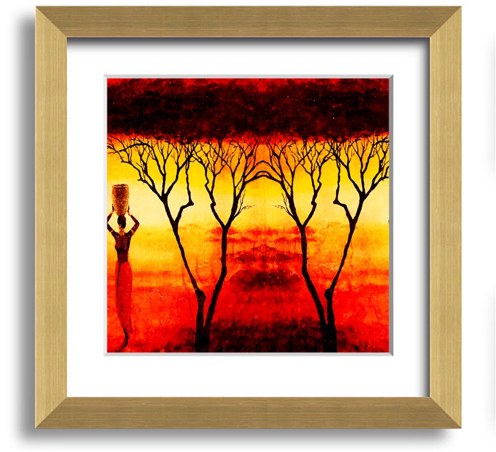 A square framed print depicting African women working in vibrant red fields, showcasing cultural strength and beauty.