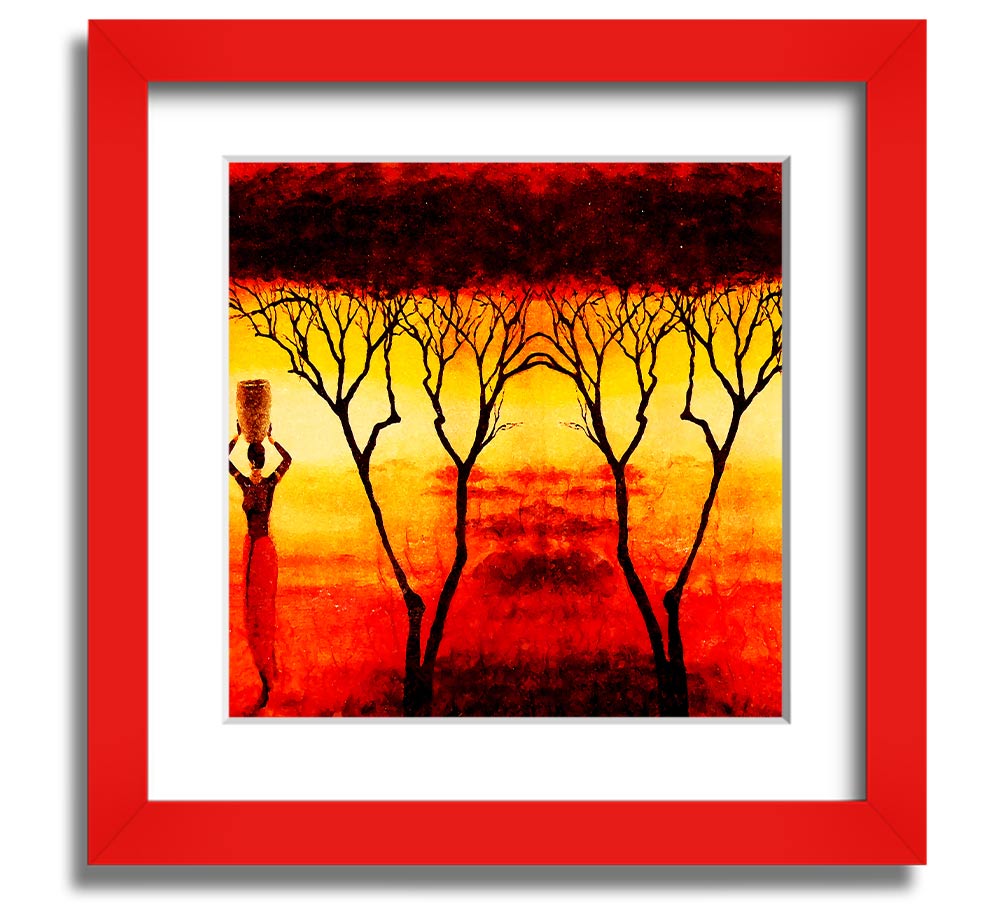 A square framed print depicting African women working in vibrant red fields, showcasing cultural strength and beauty.