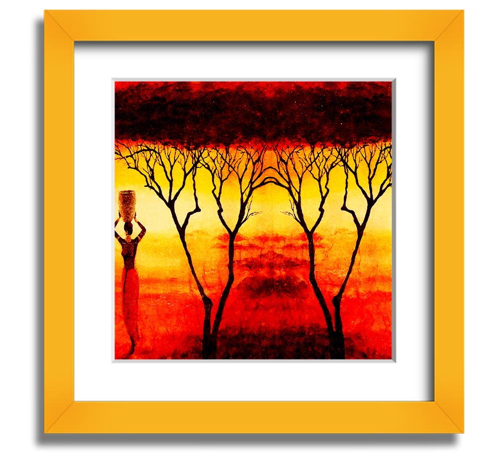 A square framed print depicting African women working in vibrant red fields, showcasing cultural strength and beauty.