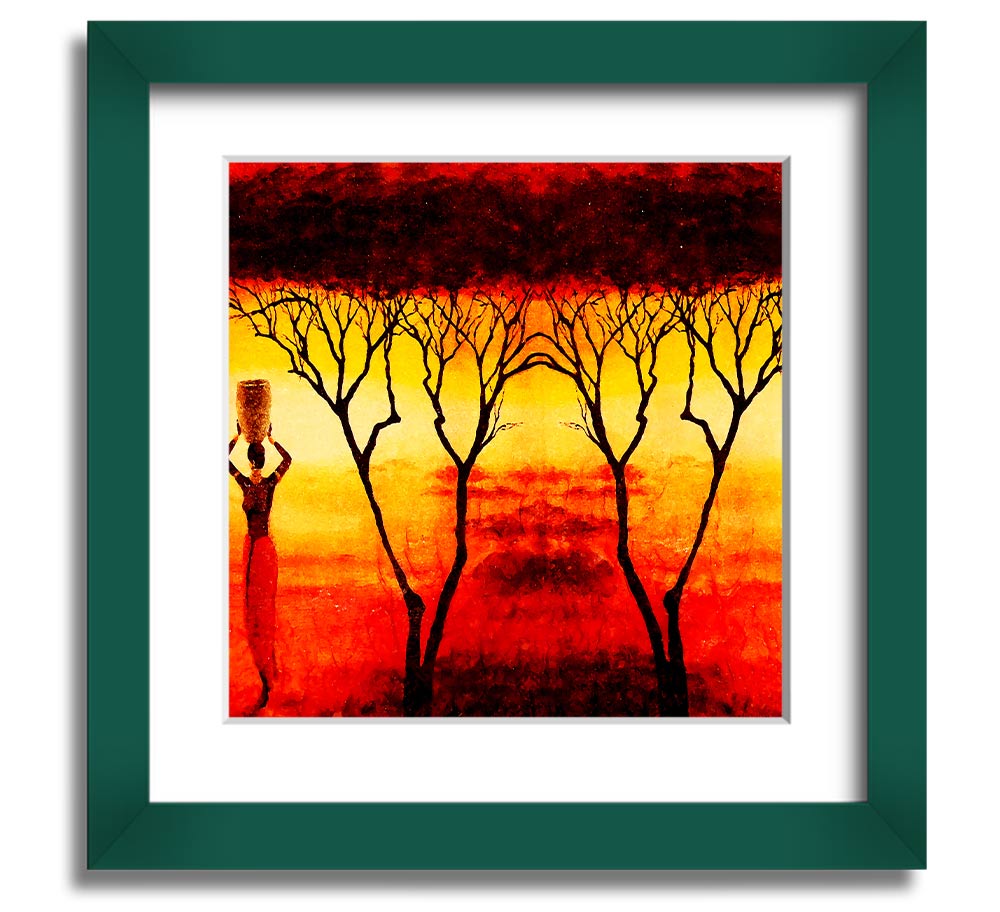 A square framed print depicting African women working in vibrant red fields, showcasing cultural strength and beauty.