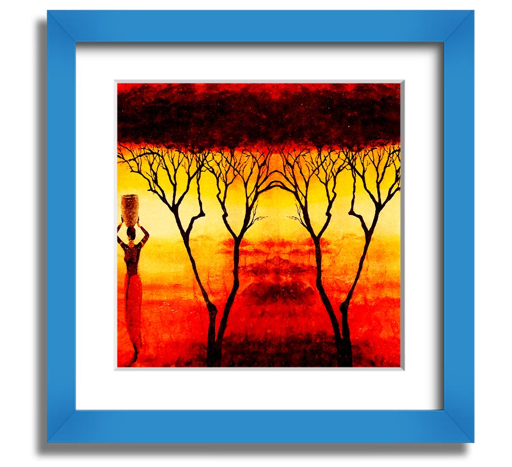 A square framed print depicting African women working in vibrant red fields, showcasing cultural strength and beauty.