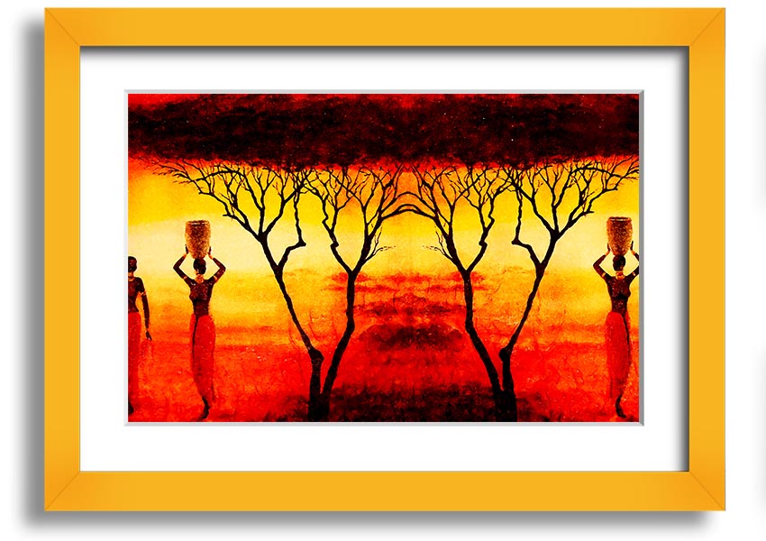 Framed print of African women working in vibrant red fields, showcasing cultural beauty and strength.