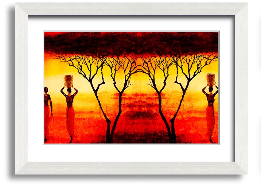 Framed print of African women working in vibrant red fields, showcasing cultural beauty and strength.