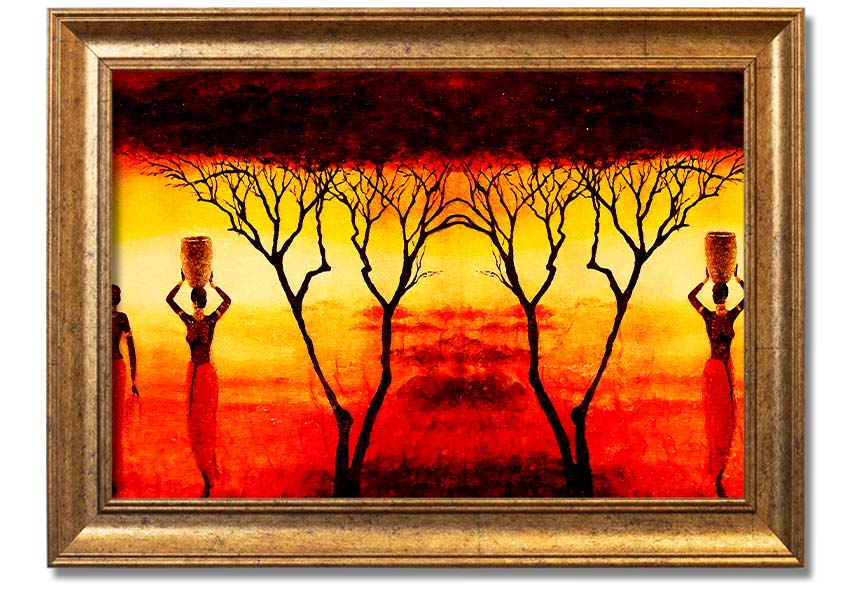 Framed print of African women working in vibrant red fields, showcasing cultural beauty and strength.