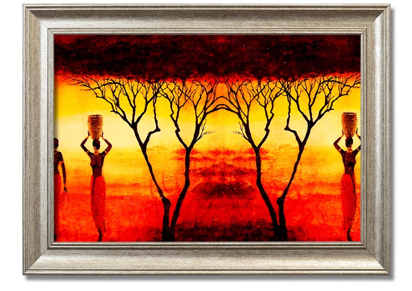 Framed print of African women working in vibrant red fields, showcasing cultural beauty and strength.