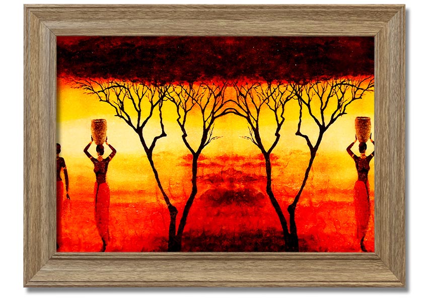 Framed print of African women working in vibrant red fields, showcasing cultural beauty and strength.