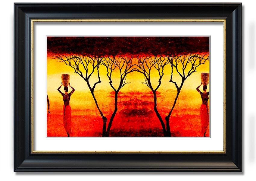 Framed print of African women working in vibrant red fields, showcasing cultural beauty and strength.