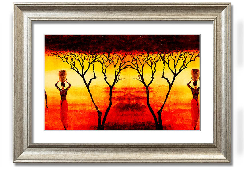 Framed print of African women working in vibrant red fields, showcasing cultural beauty and strength.